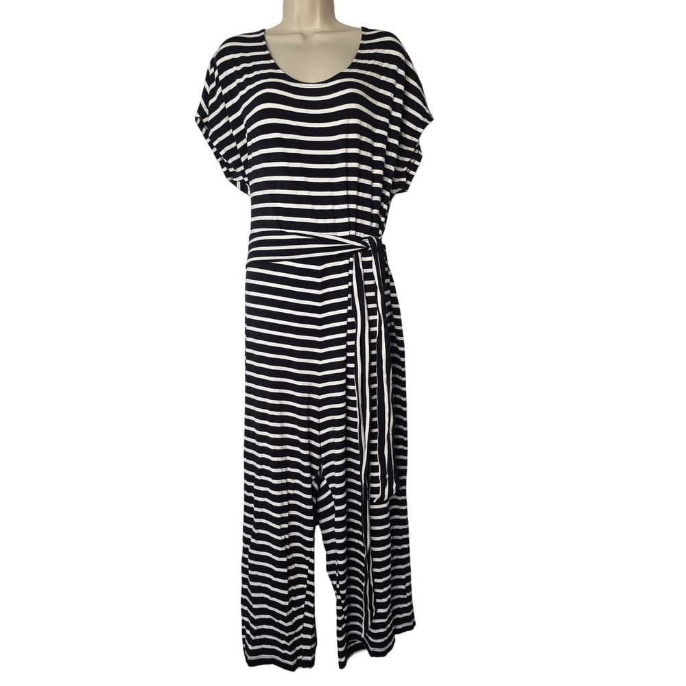 Old Navy Jumpsuit Women XXL Black White Striped Short Sleeve Belted Wide Leg